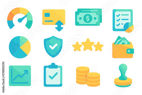 Finance flat icon set. featuring credit card, cash, pie chart, shield, stars, wallet, graph, checklist, coins, stamp.