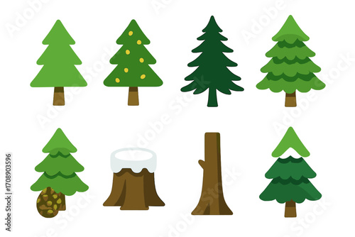 Nature flat icon set. featuring pine trees, stump, log, and evergreen symbols