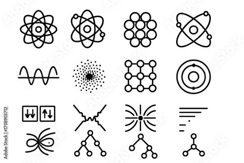 Physics and science linear icons set. featuring atom, molecule, wave, particle, lattice, and fusion symbols
