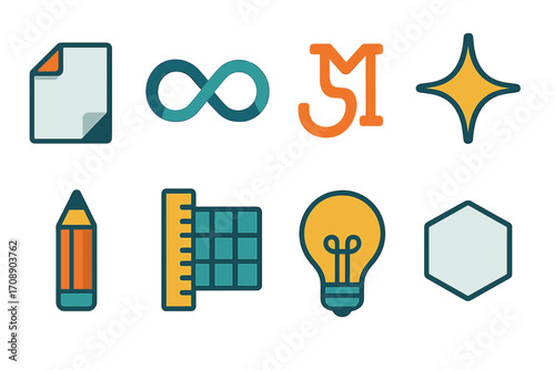 Creative tools flat icon set. featuring infinity, star, pencil, lightbulb, ruler, hexagon symbols