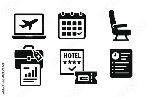 Travel silhouette icon set. featuring laptop, calendar, airplane seat, briefcase, hotel, ticket, and itinerary symbols