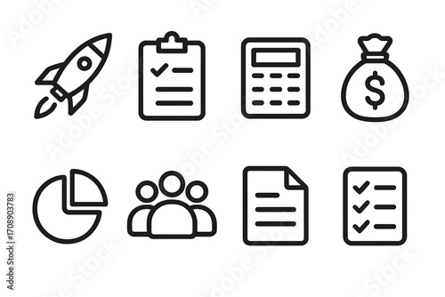 Business essentials silhouette icon set. featuring rocket, clipboard, calculator, money bag, pie chart, group, document, checklist