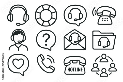 Customer service linear icons set. featuring headset, phone, question, chat, email, hotline, group symbols