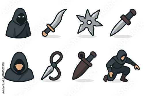 Ninja tools and poses flat icon set. featuring shuriken, dagger, hood, mask, and stealth stance