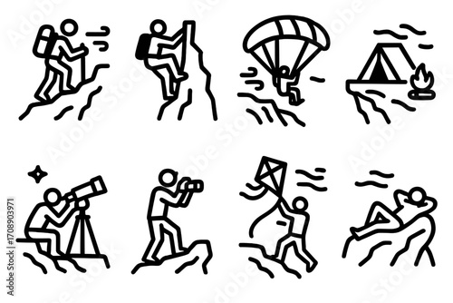Outdoor adventure silhouette icon set. featuring climbing, hiking, paragliding, camping, stargazing, photography, and rafting