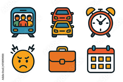 Transportation and time flat icon set. featuring train, car, clock, angry face, briefcase, and calendar symbols