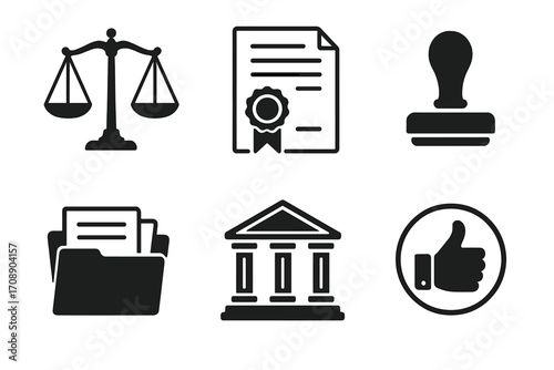 Legal and professional silhouette icon set. featuring scales, certificate, stamp, documents, courthouse, approval symbols