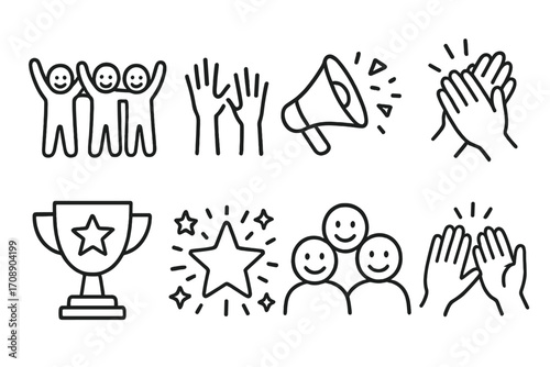 Team building linear icon set. featuring teamwork, applause, celebration, star, trophy, and megaphone symbols