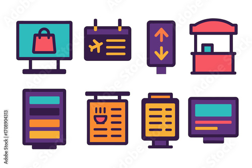 Travel and shopping neon icon set. featuring monitor, calendar, kiosk, signboard, ticket, arrow, and schedule symbols