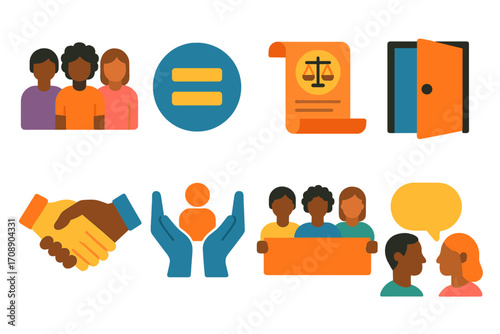 Human rights flat icon set. featuring community, equality, justice, access, opportunity, support, and advocacy symbols