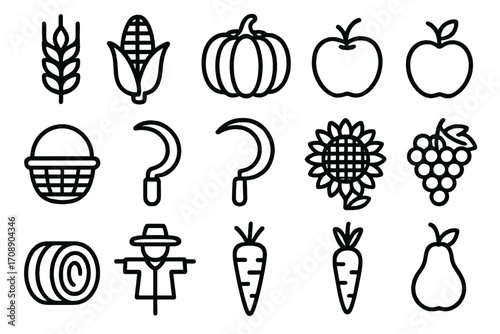Farming and agriculture linear icon set. featuring wheat, corn, pumpkin, apple, basket, sickle, sunflower