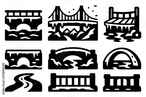 Bridge silhouette icon set. featuring suspension, stone, arch, footbridge, river, covered, and viaduct symbols