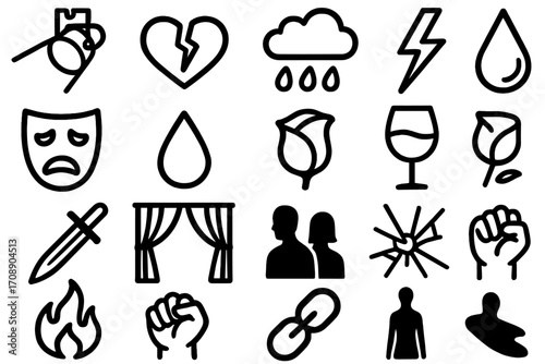 Drama and emotion silhouette icon set. featuring heart, rain, lightning, rose, mask, sword, fire, and people icons