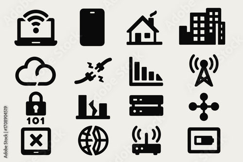Communication and technology silhouette icon set. featuring laptop, smartphone, home, building, cloud, network, and chart symbols