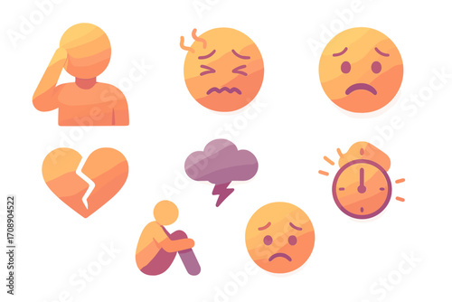 Emotions silhouette icon set. featuring sadness, stress, heartbreak, loneliness, and anxiety symbols