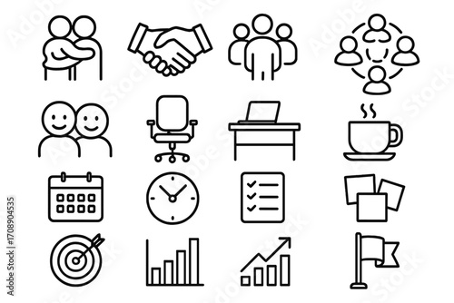 Office essentials linear icon set. featuring team, handshake, desk, coffee, calendar, clock, checklist, and charts