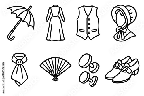 Vintage clothing and accessories linear icon set. featuring umbrella, dress, vest, bonnet, tie, fan, weights, shoes