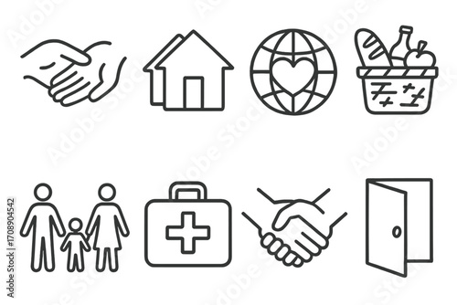 Community support linear icon set. featuring handshake, home, globe, groceries, family, medical kit, and door symbols