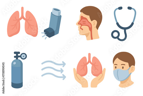Healthcare flat icon set. featuring lungs, inhaler, nasal passages, stethoscope, oxygen, airflow, mask