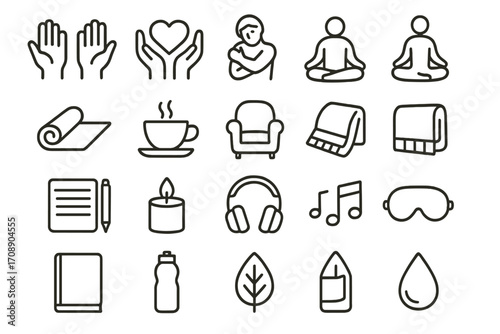 Wellness and relaxation linear icon set. featuring stretch, embrace, meditate, yoga, coffee, and sleep symbols