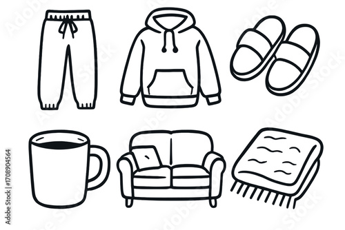 Cozy home silhouette icon set. featuring comfort, hoodie, slippers, cup, sofa, and blanket symbols