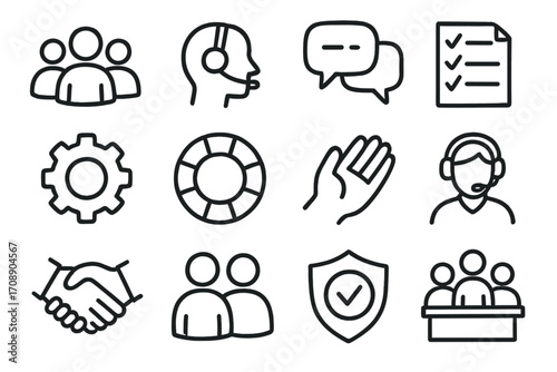 Business communication linear icon set. featuring group meeting, call support, chat message, checklist, and handshake