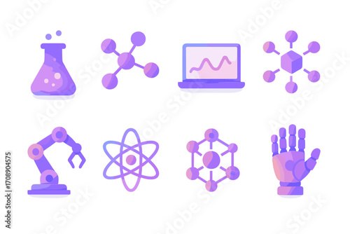 Science and technology gradient icon set. featuring test tube, molecule, laptop, atom, robotic arm, and binary code symbols
