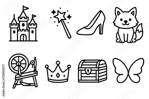 Fairy tale linear icons set. featuring castle, magic wand, shoe, fox, spinning wheel, crown, treasure chest, butterfly