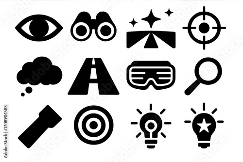 Adventure and exploration silhouette icon set. featuring road, binoculars, flashlight, goggles, target, and more