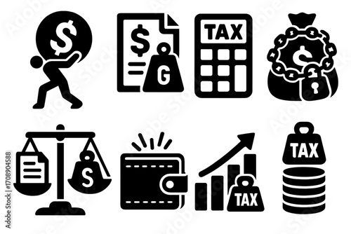 Finance silhouette icon set. featuring budget, tax, balance, wallet, growth, and money bag symbols