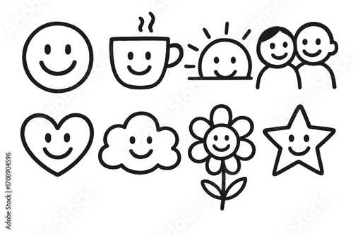 Happiness and smiles silhouette icon set. featuring happy face, coffee, sunrise, friends, heart, cloud, flower, star.