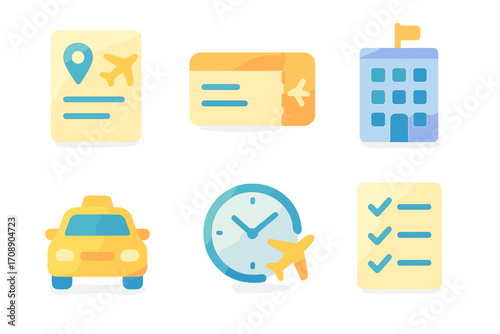 Travel and booking flat icon set. featuring itinerary, ticket, hotel, taxi, clock, checklist