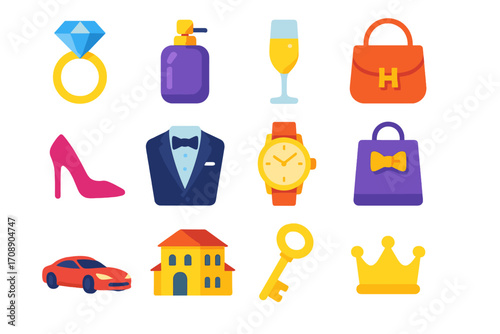 Luxury items flat icon set. featuring jewelry, perfume, champagne, handbag, shoe, suit, watch, car, house, key, crown