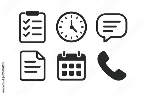 Office tools silhouette icon set. featuring clipboard, clock, chat, document, calendar, phone