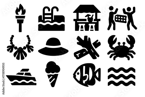 Summer activities silhouette icon set. featuring pool, torch, market, ice cream, beach hat, seafood, and cruise