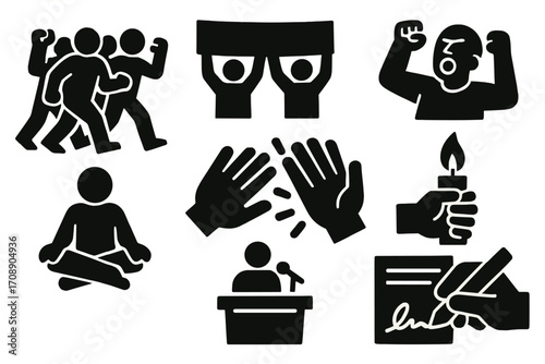 Protest and activism silhouette icon set. featuring protestors, chants, speech, meditation, agreement, and justice symbols