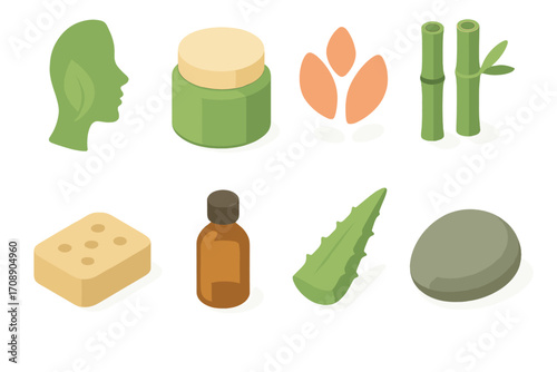 Eco-friendly products flat icon set. featuring leaf profile, cream jar, bamboo, soap, oil, aloe, stone symbols