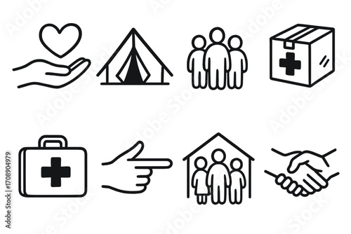 Emergency relief silhouette icon set. featuring heart, tent, team, aid box, first aid kit, shelter, and handshake symbols