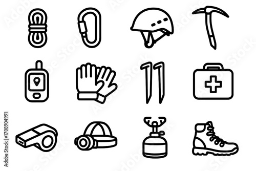 Climbing gear linear icon set. featuring rope, carabiner, helmet, ice axe, gps, gloves, crampons, and first aid kit