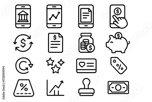Finance linear icons set. featuring banking, mobile, document, transaction, currency, budget, savings, analytics, investment, rewards, discount