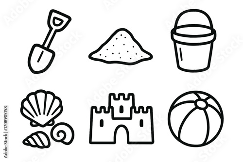 Beach day linear icon set. featuring shovel, sand, bucket, shell, castle, and beach ball symbols