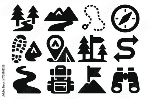 Camping and hiking silhouette icon set. featuring trail, mountain, map, compass, and backpack symbols