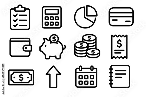 Finance silhouette icon set. featuring checklist, calculator, pie chart, card, wallet, piggy bank, coins, receipt, dollar bill, arrow, calendar, notebook