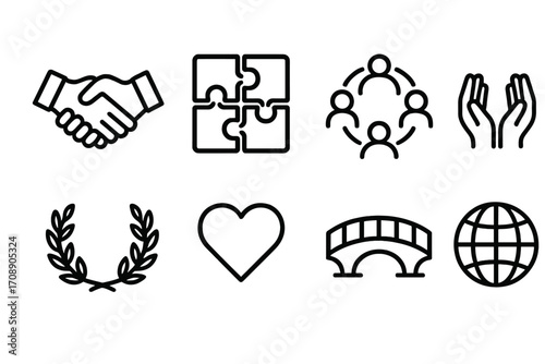 Collaboration and connection linear icon set. featuring handshake, puzzle, teamwork, support, achievement, heart, bridge, globe symbols
