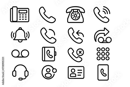Communication flat icon set. featuring phone, telephone, call, voicemail, headset, and contact symbols