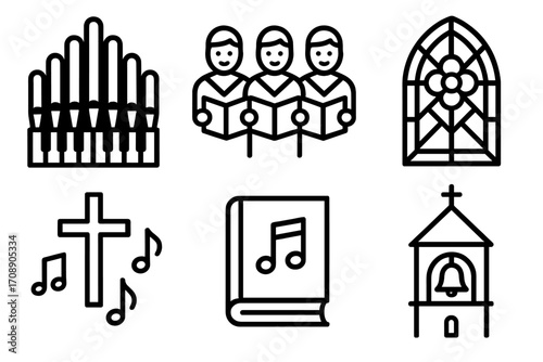 Church theme linear icon set. featuring organ, choir, stained glass, cross, hymnal, and bell tower symbols