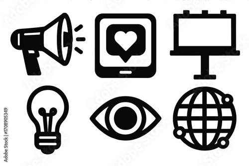 Marketing and communication silhouette icon set. featuring megaphone, tablet, billboard, lightbulb, eye, and globe icons