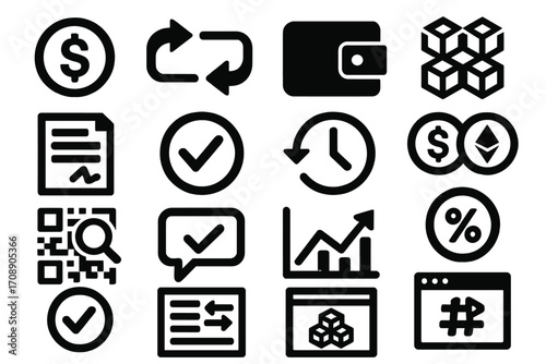 Finance and cryptocurrency silhouette icon set. featuring money, wallet, blockchain, analytics, and clock symbols
