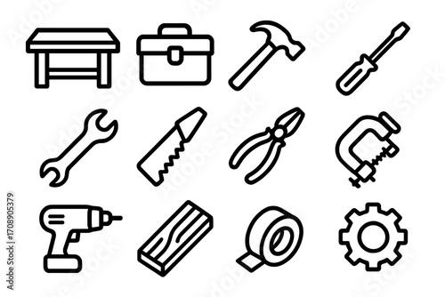 Carpentry tools linear icon set. featuring workbench, toolbox, hammer, screwdriver, wrench, and drill