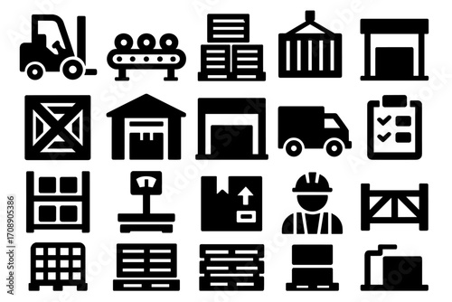 Logistics and warehouse silhouette icon set. featuring forklift, conveyor, shipping container, pallet, warehouse, truck, checklist, scales
